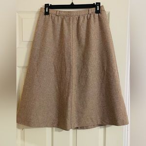Tan tweed skirt, A-line and midi length. Cute and casual